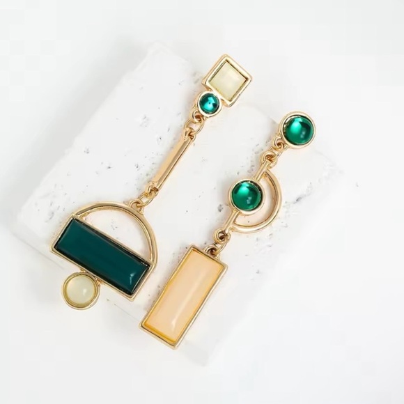 Anthropologie Gold and Green Asymmetrical Geometric Earrings - Picture 1 of 11